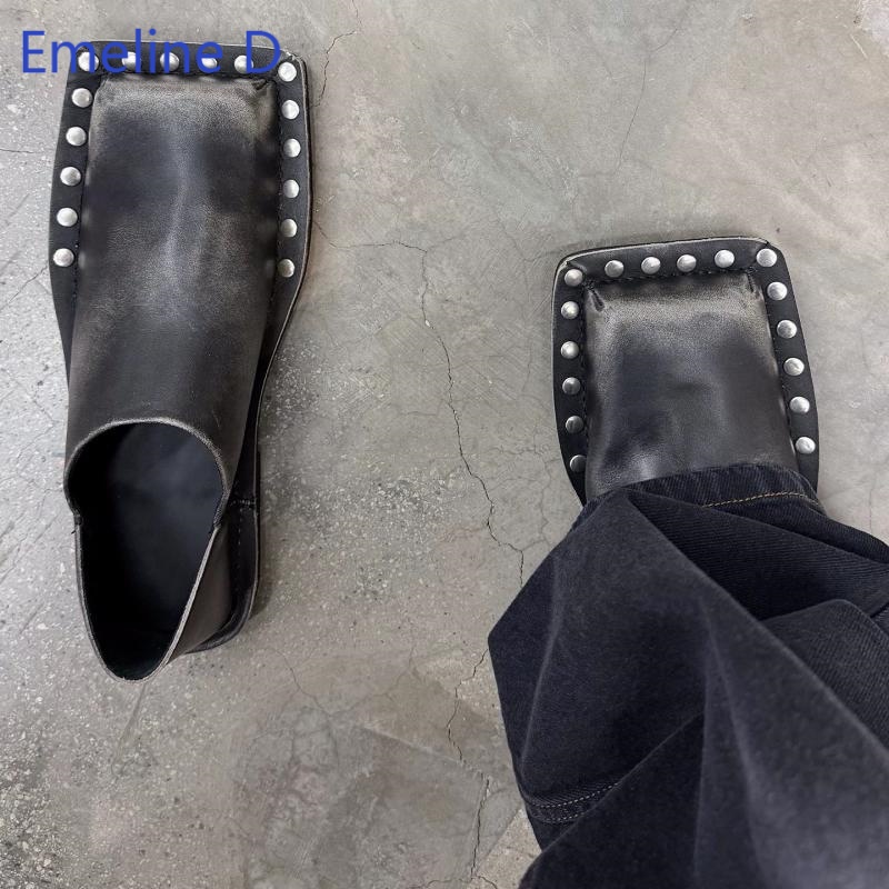 Flip Flop Leather Men - Sandalias unisex de punta cuadrada, estilo